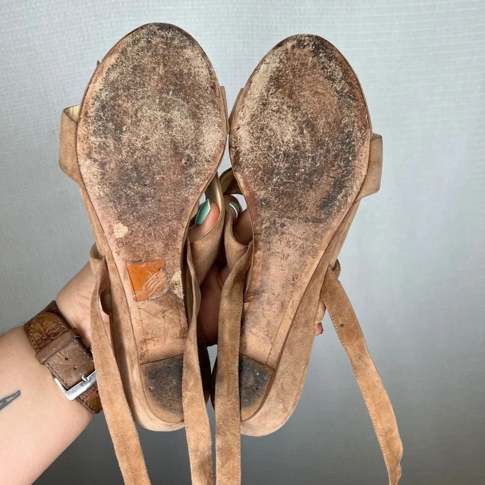 Alexandre Birman Tan Suede‎ Lace Up Low Wedge Sandals Size 37 EU Brown Ankle Tie